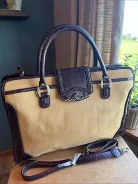 Vintage Bueno Beige Canvas Brown Leather Laptop Travel Shoulder Handbag